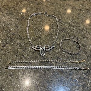 Vintage Rhinestone Jewelry Lot Necklace Tennis Bracelets Wedding Formal Sparkle